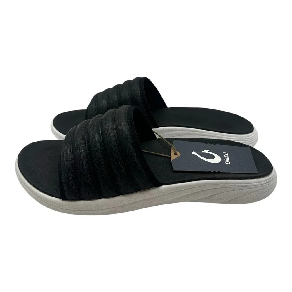 Olukai Komo Slides Men's Size 13 Black White Cushioned Beach Sandals Slip On NWT